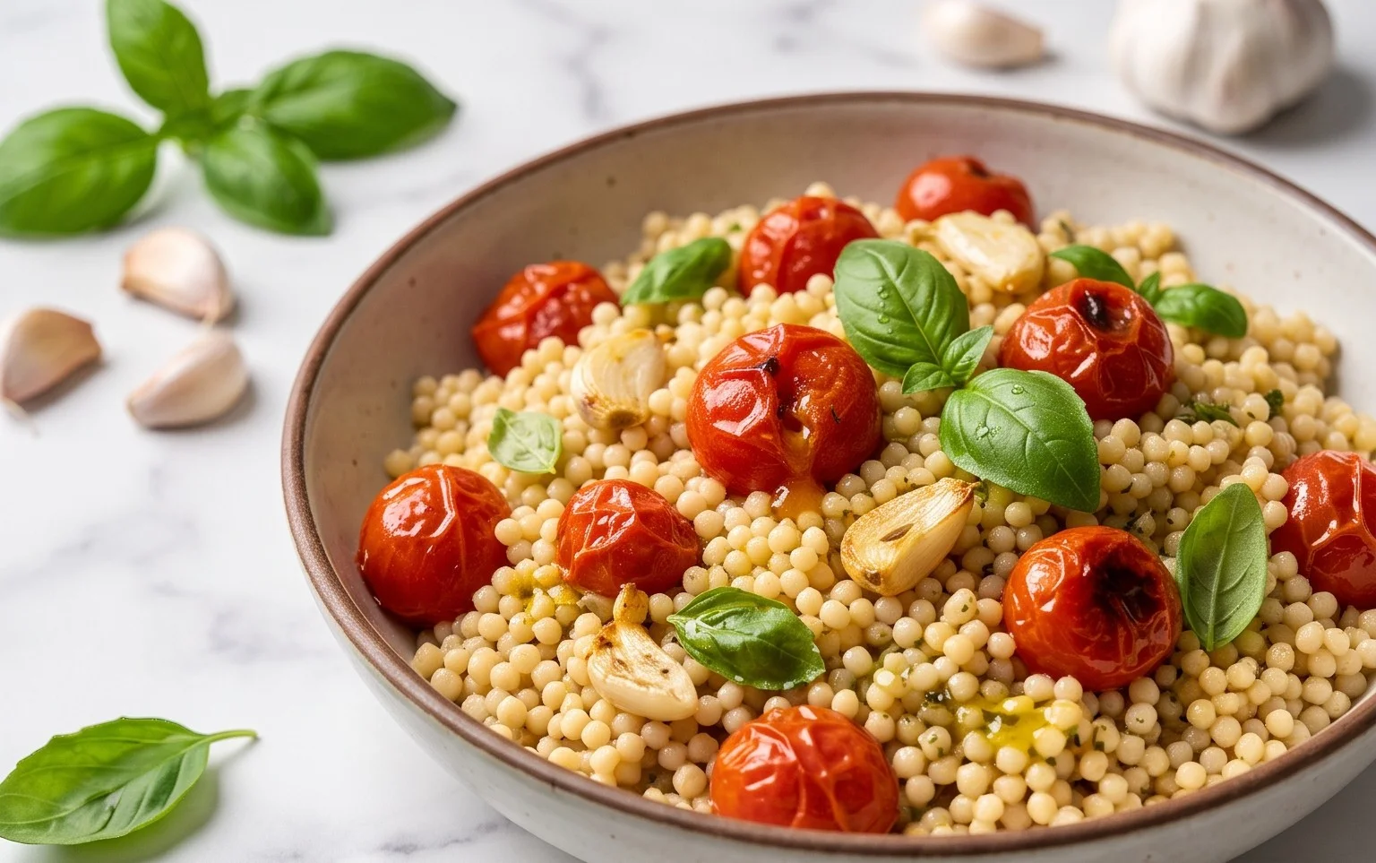 Healthy One-Pan Couscous With Garlic, Tomatoes And Basil