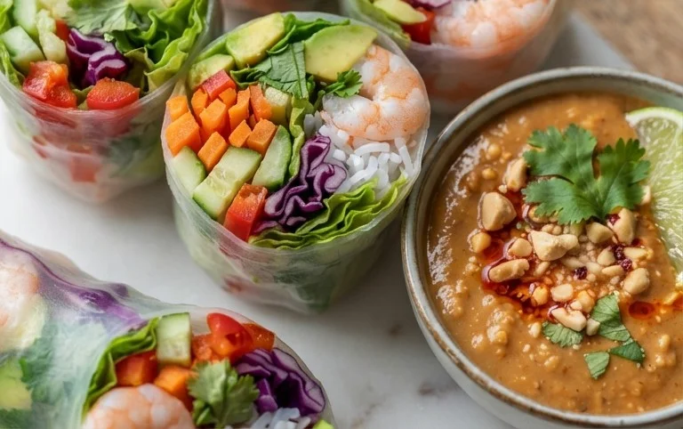 Rainbow Spring Rolls with Gin Extractger Peanut Sauce