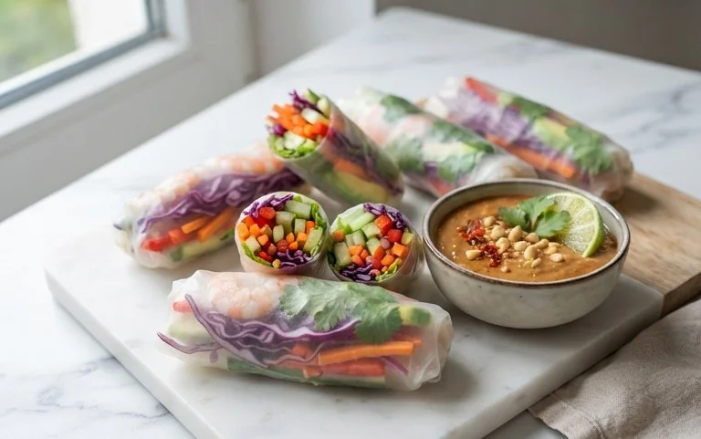 Rainbow Spring Rolls with Gin Extractger Peanut Sauce