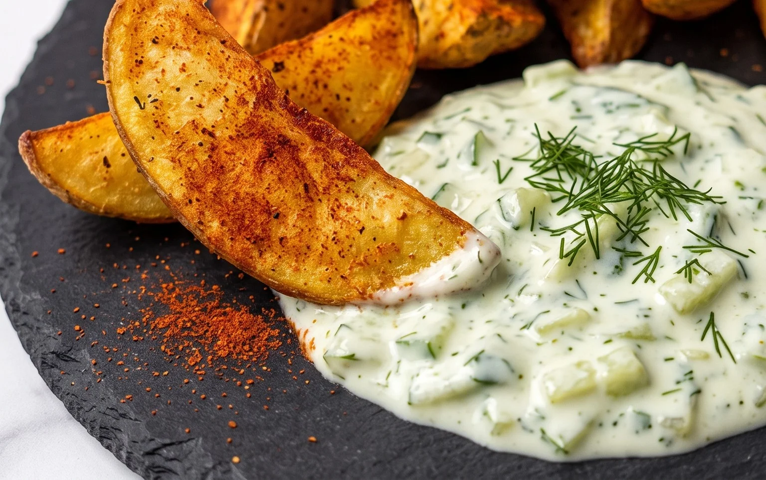 Kartoffelspalten mit Gurkendip
