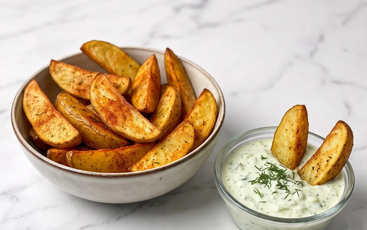 Kartoffelspalten mit Gurkendip