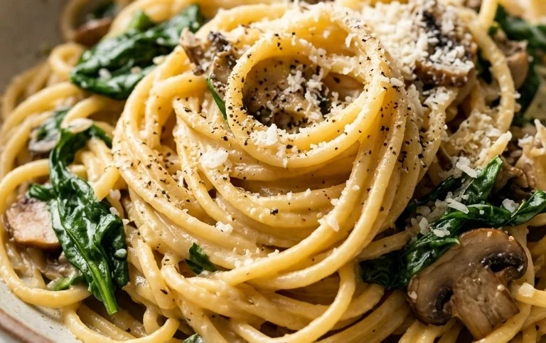 One-Pot Garlic Parmesan Pasta with Spinach and Mushrooms