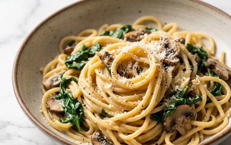 One-Pot Garlic Parmesan Pasta with Spinach and Mushrooms