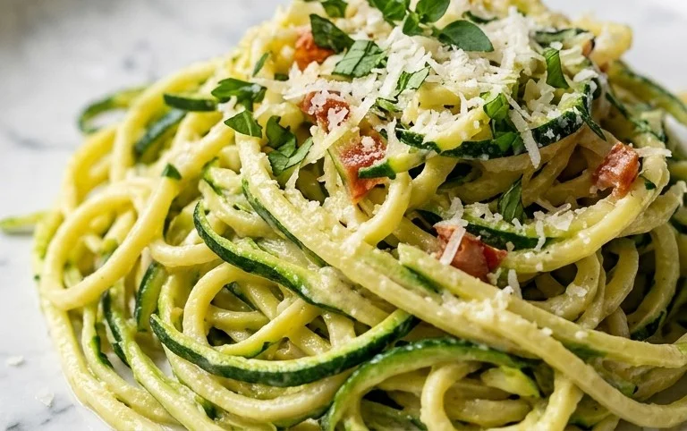 Zucchini-Spaghetti in cremiger Sauce– Zoodles