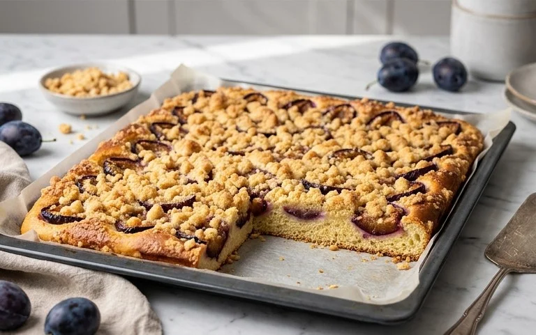 Pflaumenkuchen mit Streusel vom Blech (Quark-Öl-Teig)