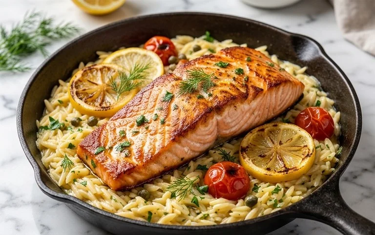 One Skillet Salmon with Lemon Orzo